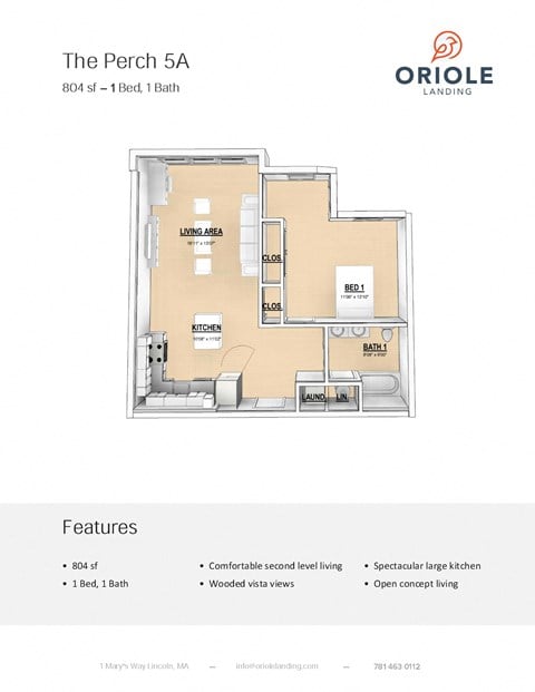 Floor plan for 1 bed, 1 bath, 804 sqft